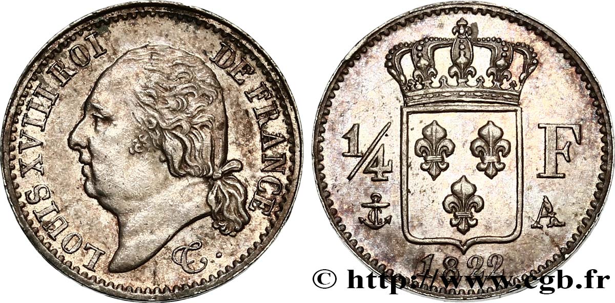 1/4 franc Louis XVIII 1822 Paris F.163/21 AU58 