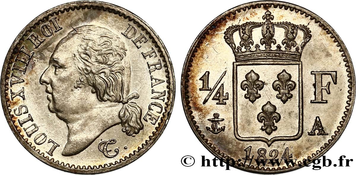 1/4 franc Louis XVIII  1824 Paris F.163/31 AU58 