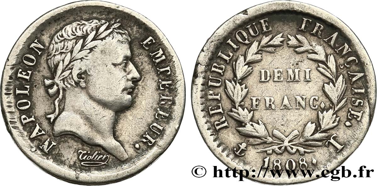 Demi-franc Napoléon Ier tête laurée, République française 1808 Nantes F.177/14 TB25 