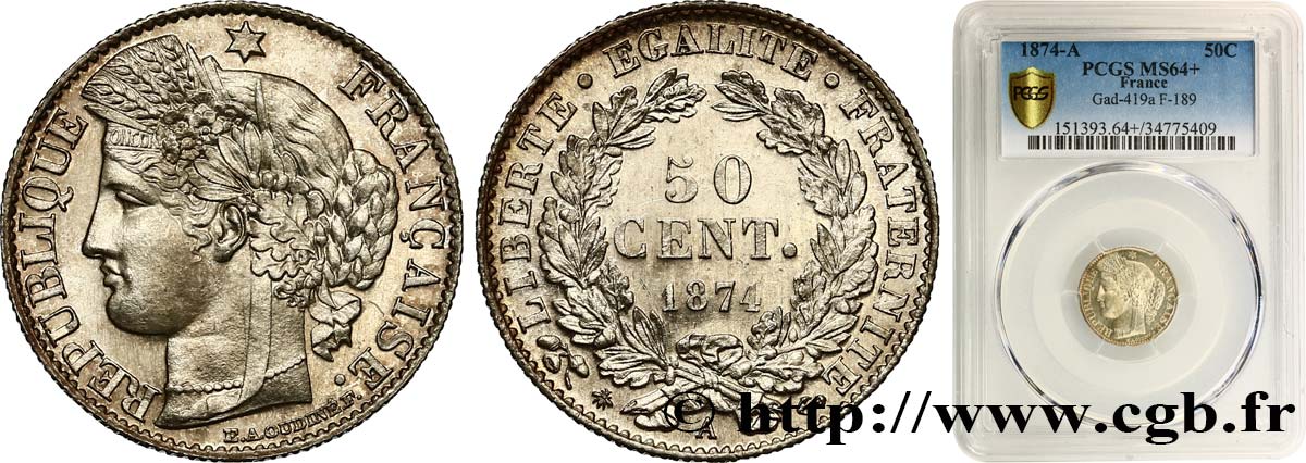 50 centimes Cérès, IIIe République 1874 Paris F.189/7 SPL64 PCGS