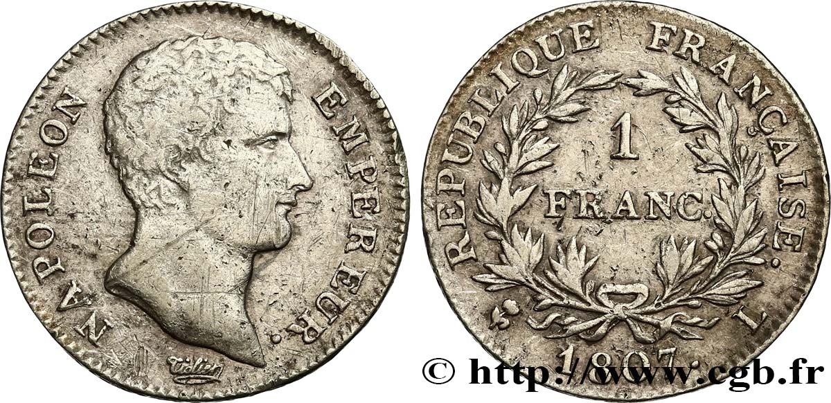 1 franc Napoléon Empereur, Calendrier grégorien 1807 Bayonne F.202/14 VF 