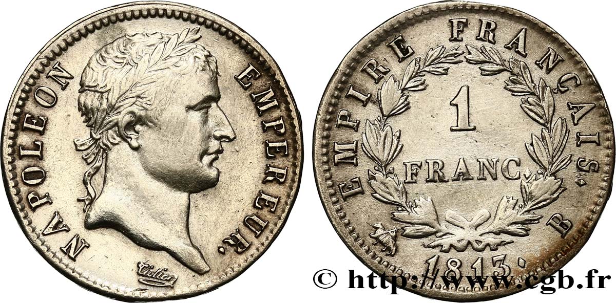 1 franc Napoléon Ier tête laurée, Empire français 1813 Rouen F.205/59 MBC 