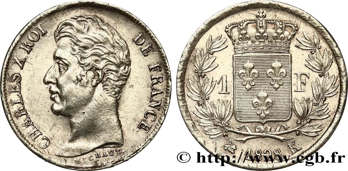 1 franc Charles X, matrice du revers à cinq feuilles 1828 Bordeaux F.207/43 AU55 
