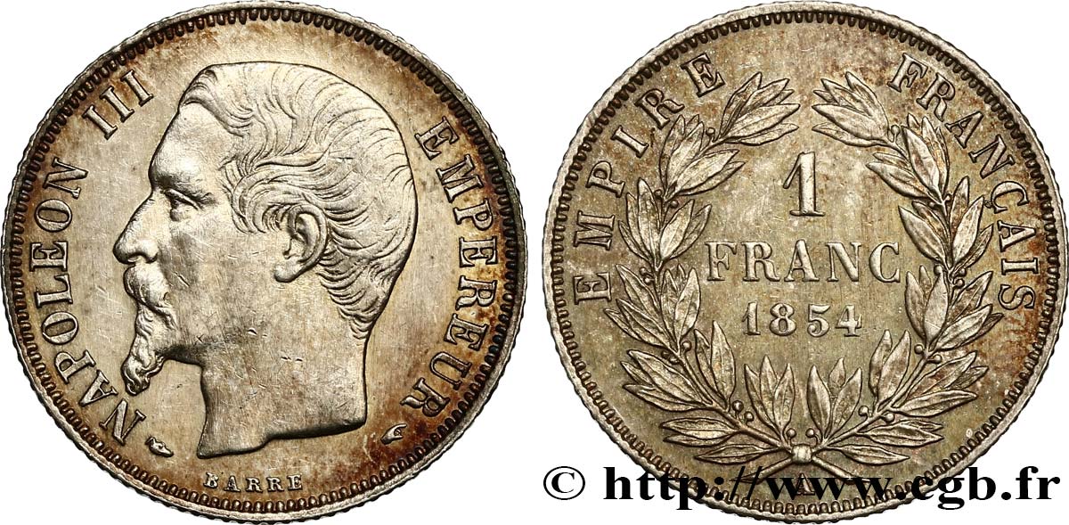 1 franc Napoléon III, tête nue 1854 Paris F.214/2 SS52 