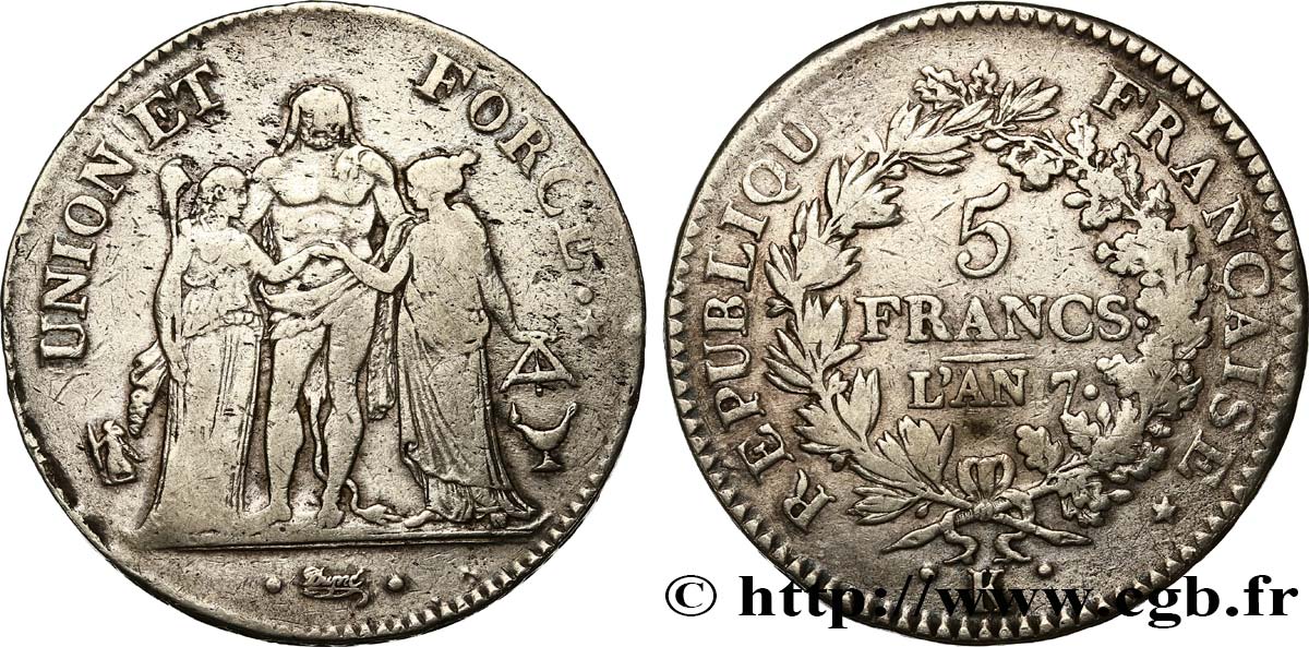 5 francs Union et Force, Union serré, avec glands intérieurs et gland extérieur 1799 Bordeaux F.288/108 MB35 