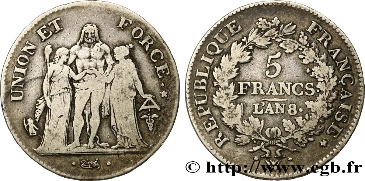 5 francs Union et Force, Union serré, avec glands intérieurs et gland extérieur 1800 Lille F.288/154 TB30 