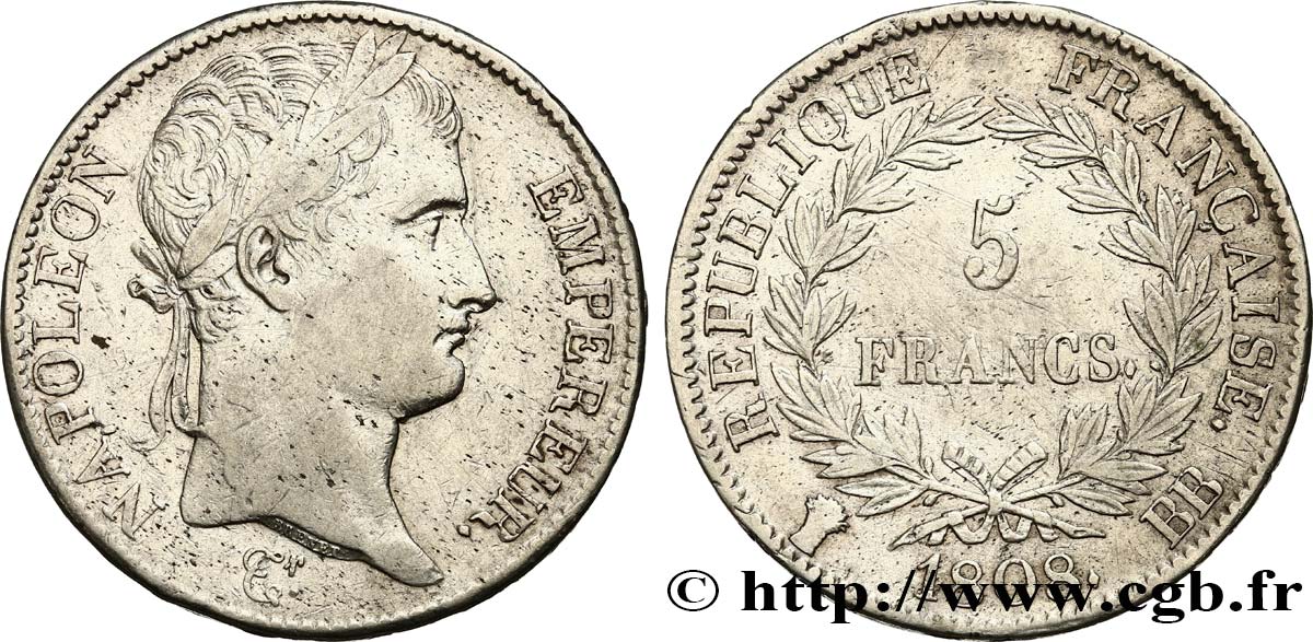 5 francs Napoléon Empereur, République française 1808 Strasbourg F.306/4 XF 