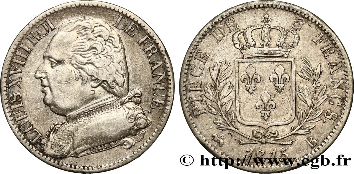 5 francs Louis XVIII, buste habillé 1815 Rouen F.308/16 XF45 