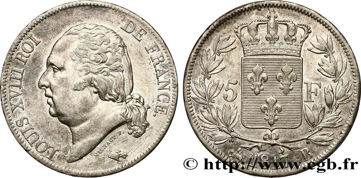 5 francs Louis XVIII, tête nue 1817 Rouen F.309/15 MBC50 