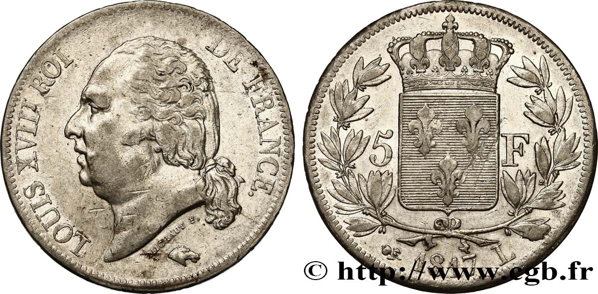 5 francs Louis XVIII, tête nue 1817 Bayonne F.309/22 MB30 