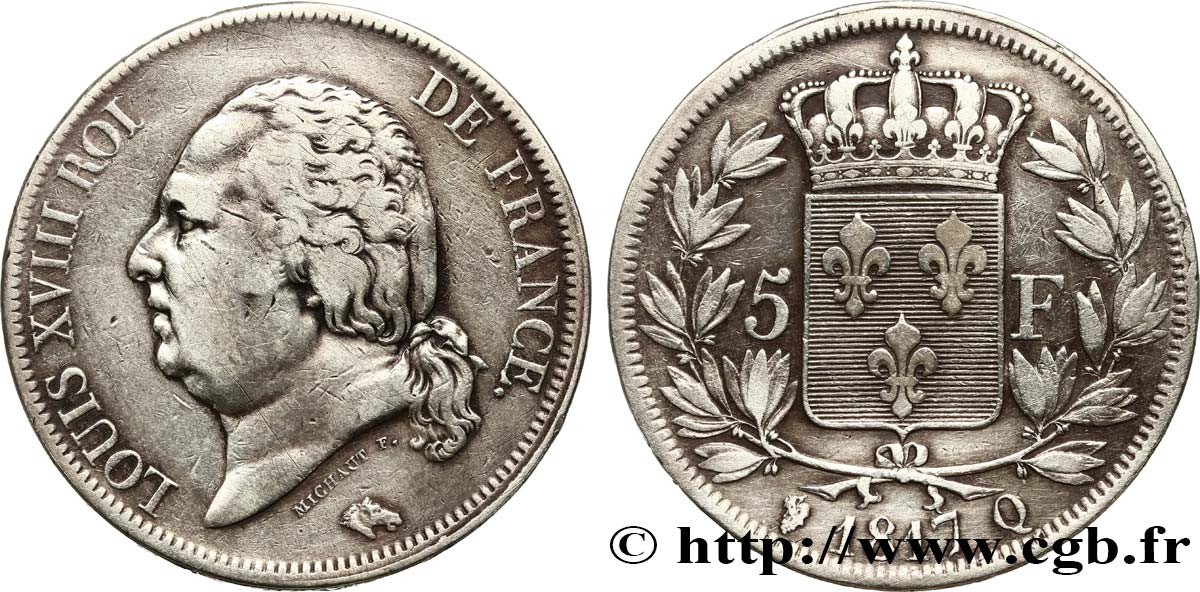 5 francs Louis XVIII, tête nue 1817 Perpignan F.309/25 VF 