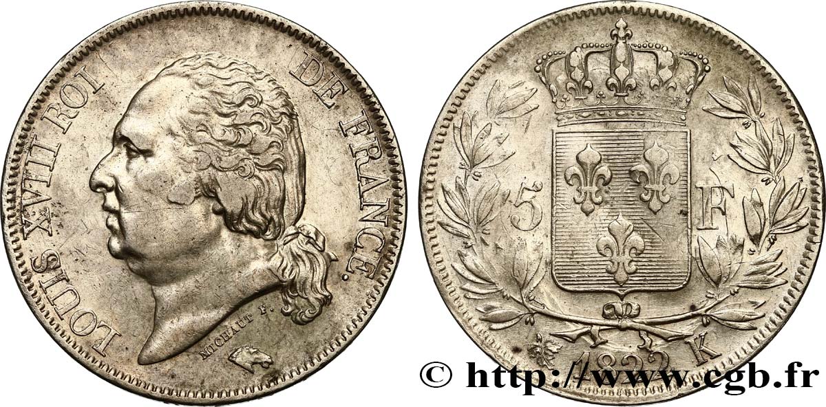 5 francs Louis XVIII, tête nue 1822 Bordeaux F.309/73 MBC40 