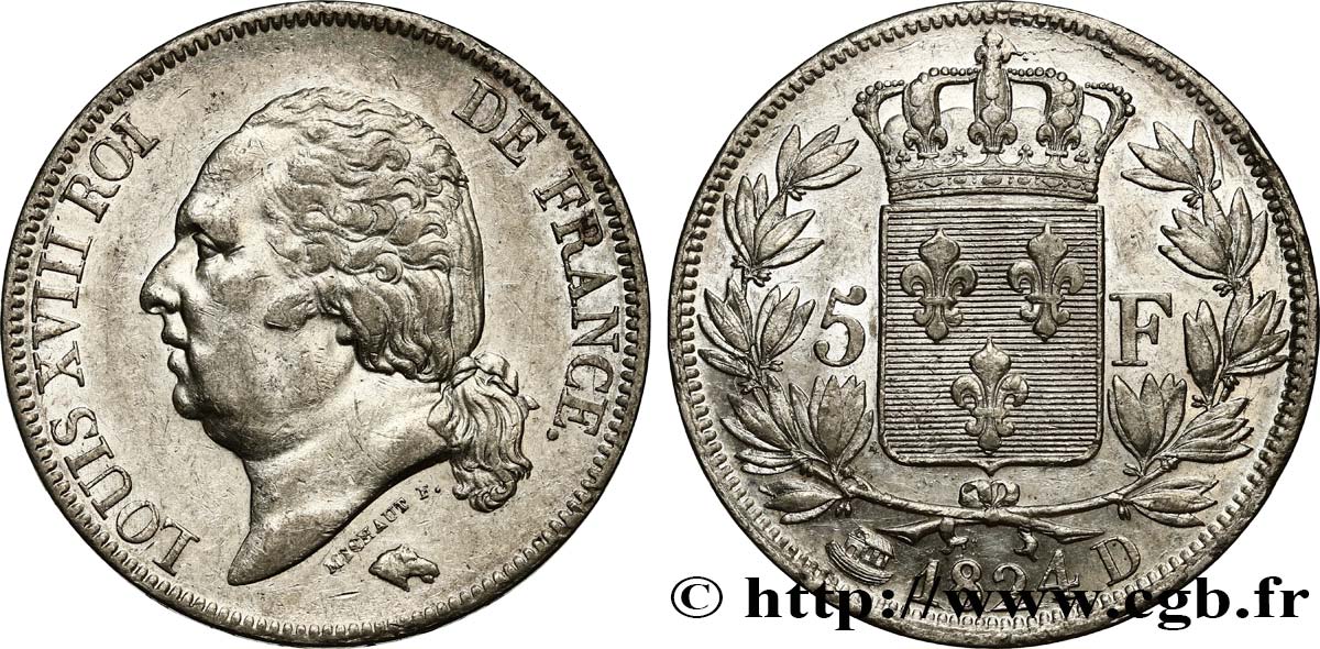 5 francs Louis XVIII, tête nue 1824 Lyon F.309/90 MBC50 