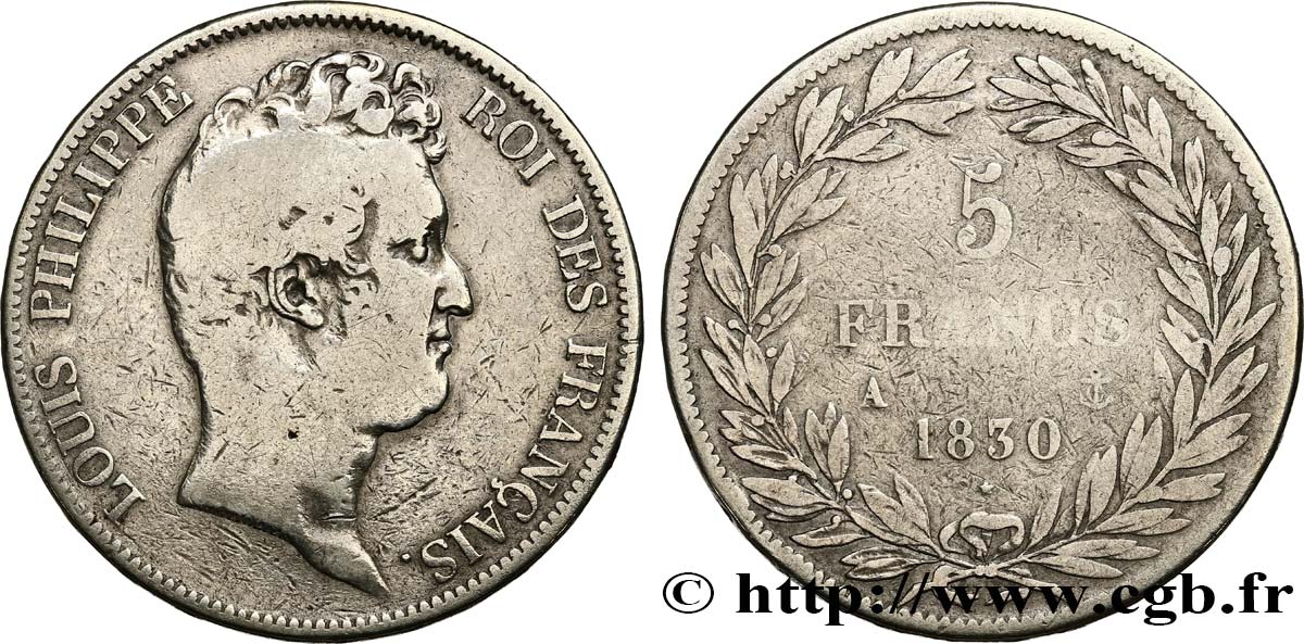 5 francs type Tiolier sans le I, tranche en relief 1830  Paris F.314/1 F15 