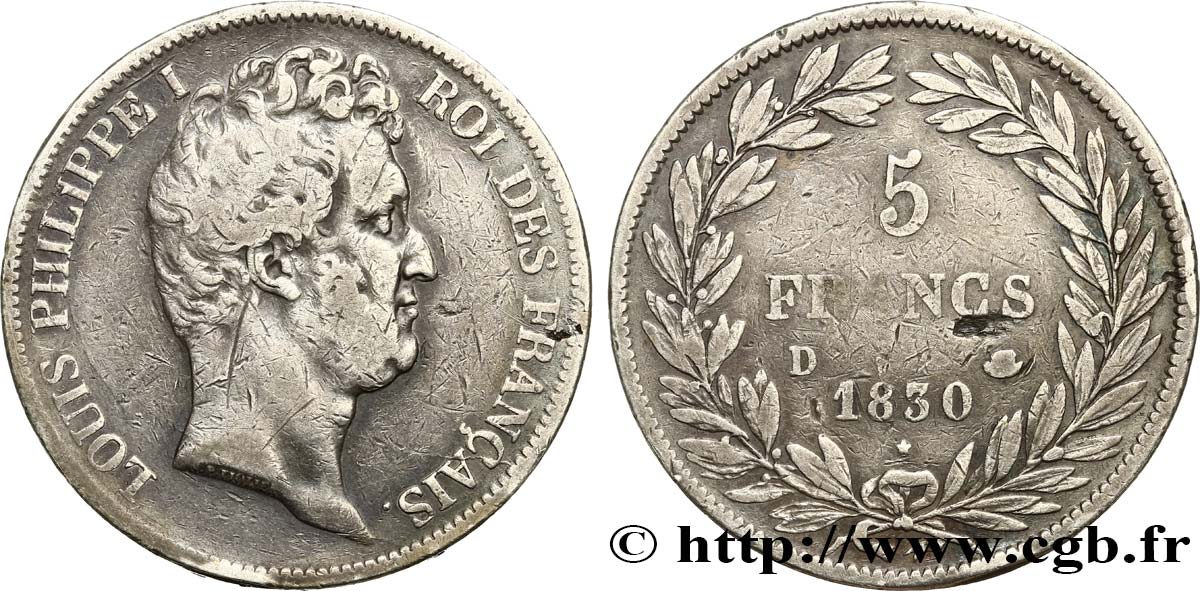 5 francs type Tiolier avec le I, tranche en creux 1830 Lyon F.315/4 S 