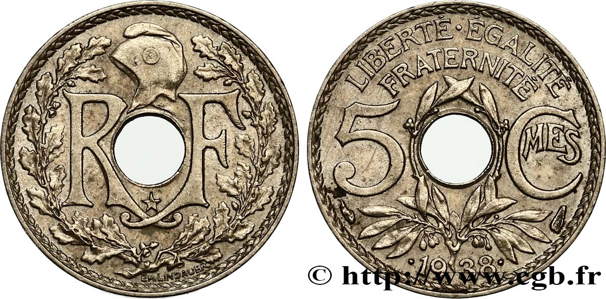 5 centimes Lindauer, maillechort, avec étoile 1938  F.123/1 MBC50 