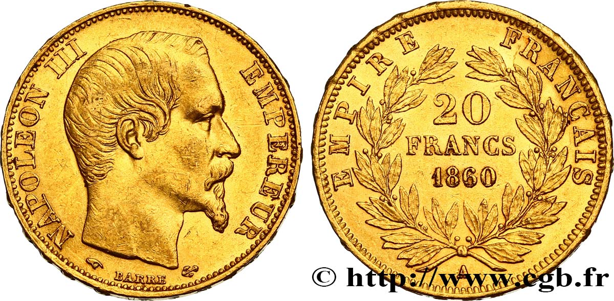 20 francs or Napoléon III, tête nue 1860 Paris F.531/18 EBC55 