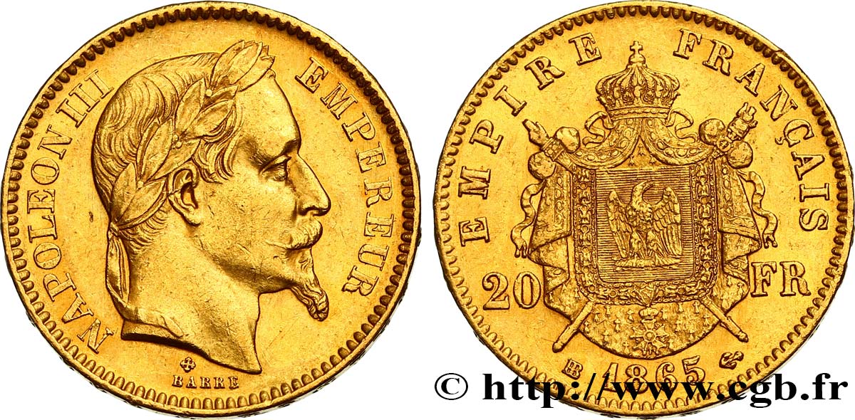 20 francs or Napoléon III, tête laurée 1865 Strasbourg F.532/12 AU52 