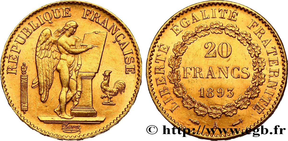 20 francs or Génie, Troisième République 1893 Paris F.533/17 AU58 