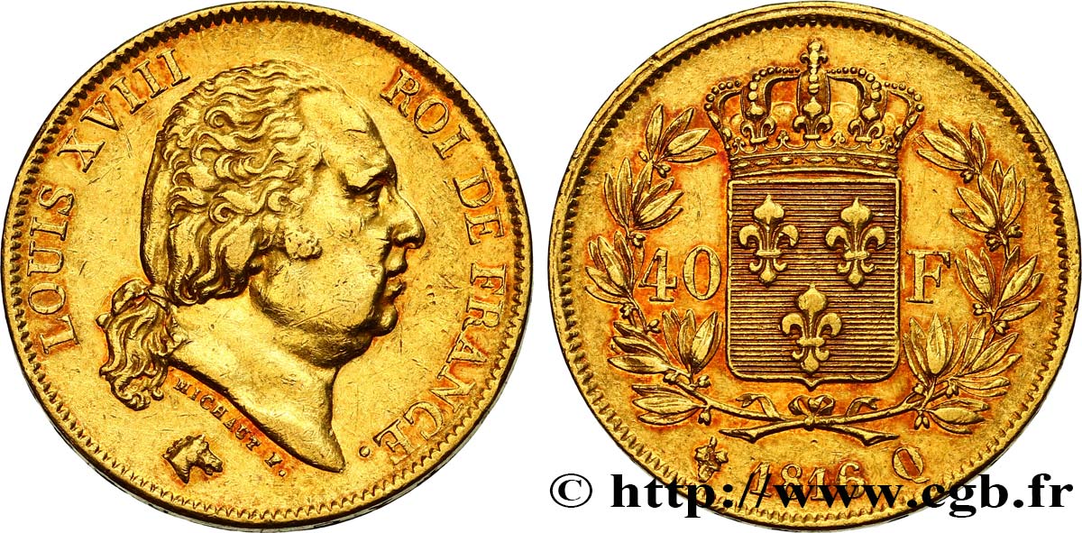 40 francs or Louis XVIII 1816 Perpignan F.542/4 AU 