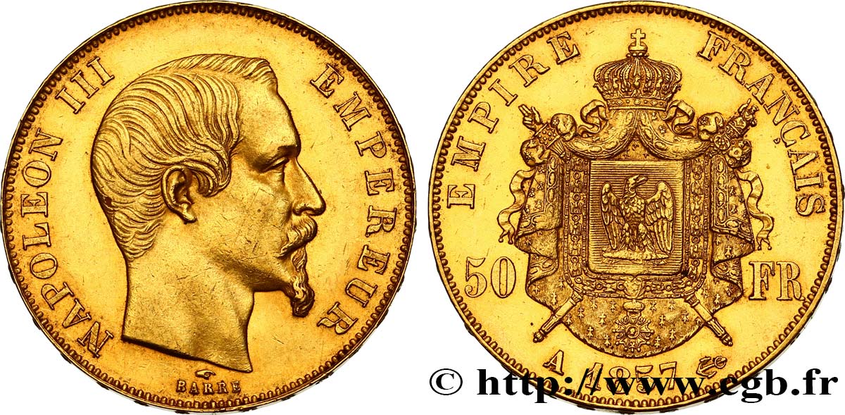 50 francs or Napoléon III, tête nue 1857 Paris F.547/4 SUP55 