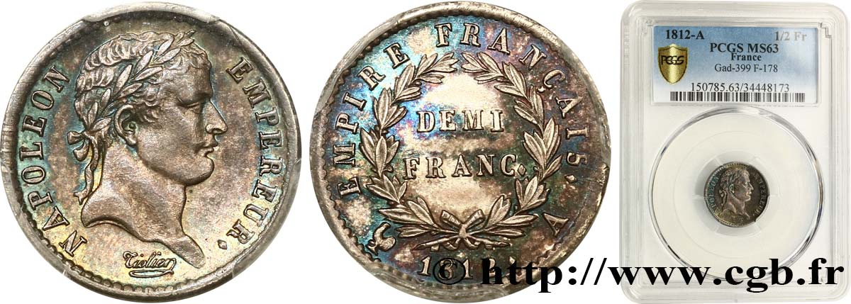 Demi-franc Napoléon Ier tête laurée, Empire français 1812 Paris F.178/35 SPL63 PCGS