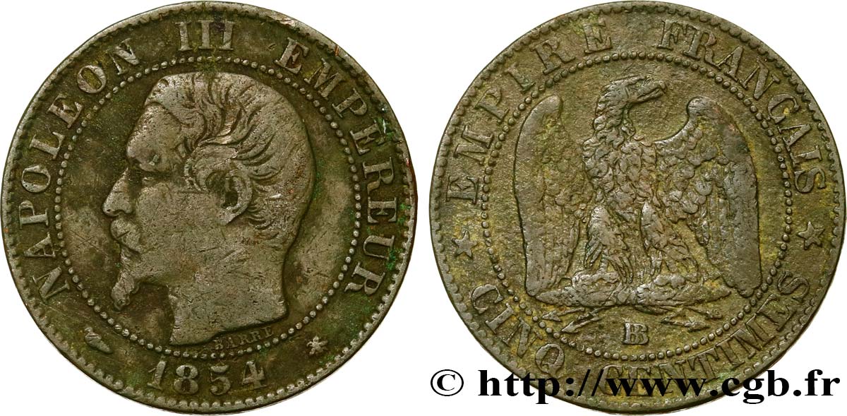 Cinq centimes Napoléon III, tête nue 1854 Strasbourg F.116/10 BC35 