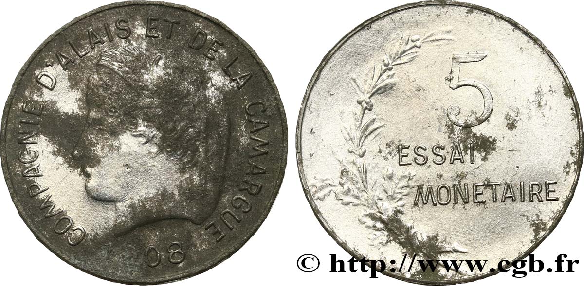 Essai en aluminium de 5 centimes, Compagnie d’Alais et de la Camargue 1908  GEM.268 1 BC 