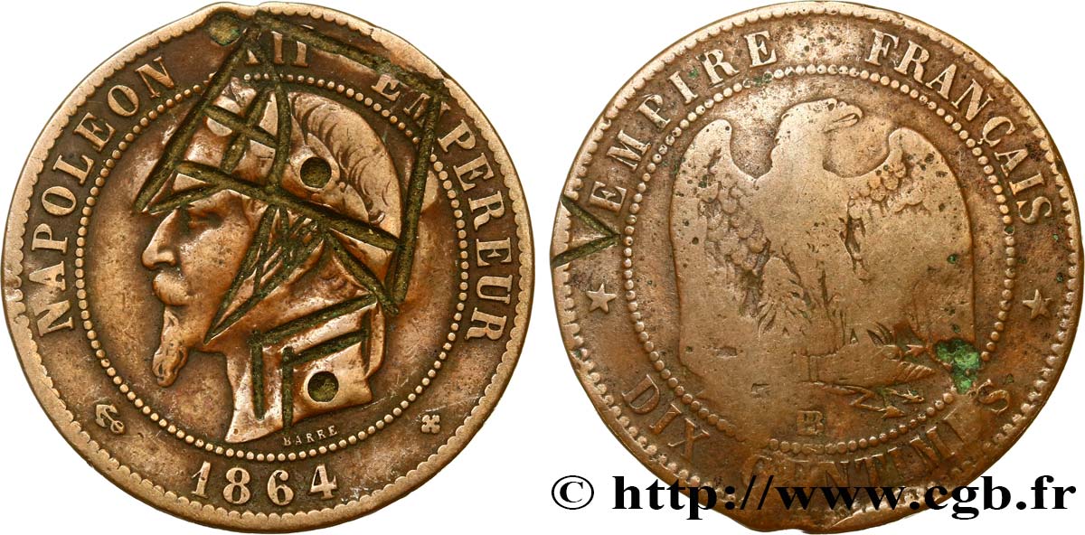 Dix centimes Napoléon III, tête laurée, satirique 1864 Strasbourg F.134/14 var. VG 