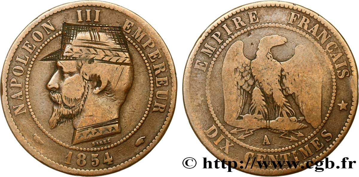 Dix centimes Napoléon III, tête nue, satirique pour le Général Boulanger 1854 Paris F.133/11 var. TB 
