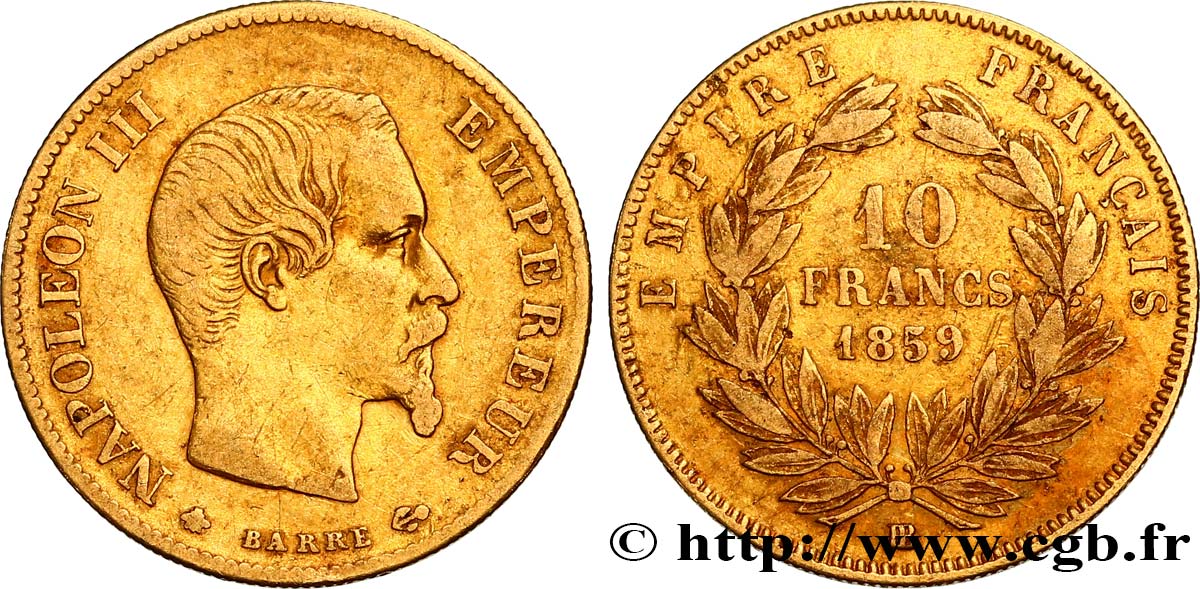 10 francs or Napoléon III, tête nue 1859 Strasbourg F.506/8 VF38 