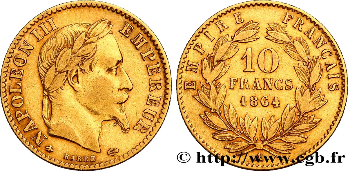 10 francs or Napoléon III, tête laurée, type définitif à grand 10 1864 Paris F.507A/6 BC35 