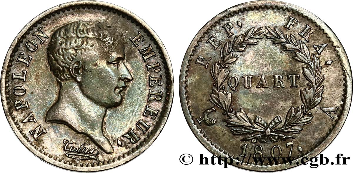 Quart (de franc) Napoléon Empereur, tête de nègre 1807 Paris F.160/1 AU50 
