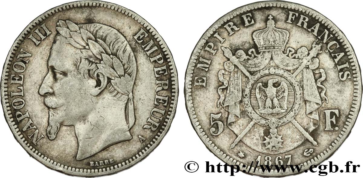 5 francs Napoléon III, tête laurée 1867 Paris F.331/10 VF25 