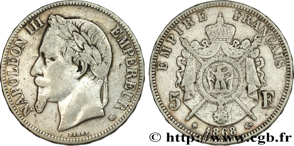 5 francs Napoléon III, tête laurée 1868 Strasbourg F.331/13 VF25 