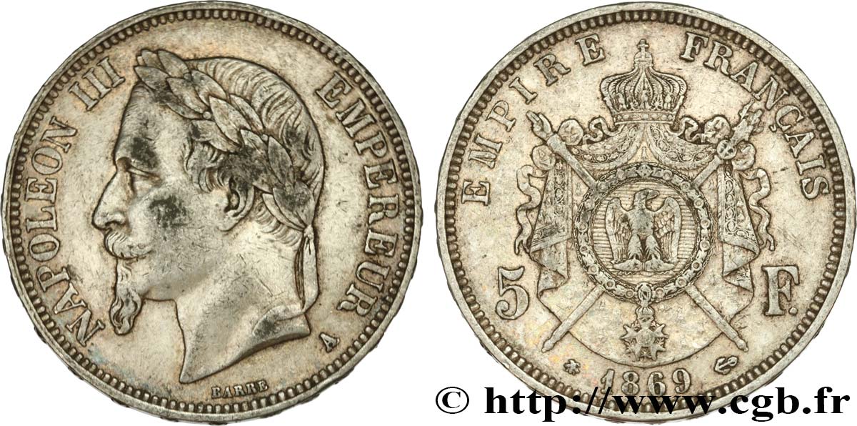 5 francs Napoléon III, tête laurée 1869 Paris F.331/14 XF45 