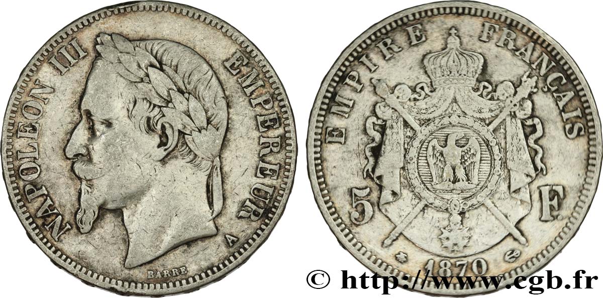 5 francs Napoléon III, tête laurée 1870 Paris F.331/16 TB25 