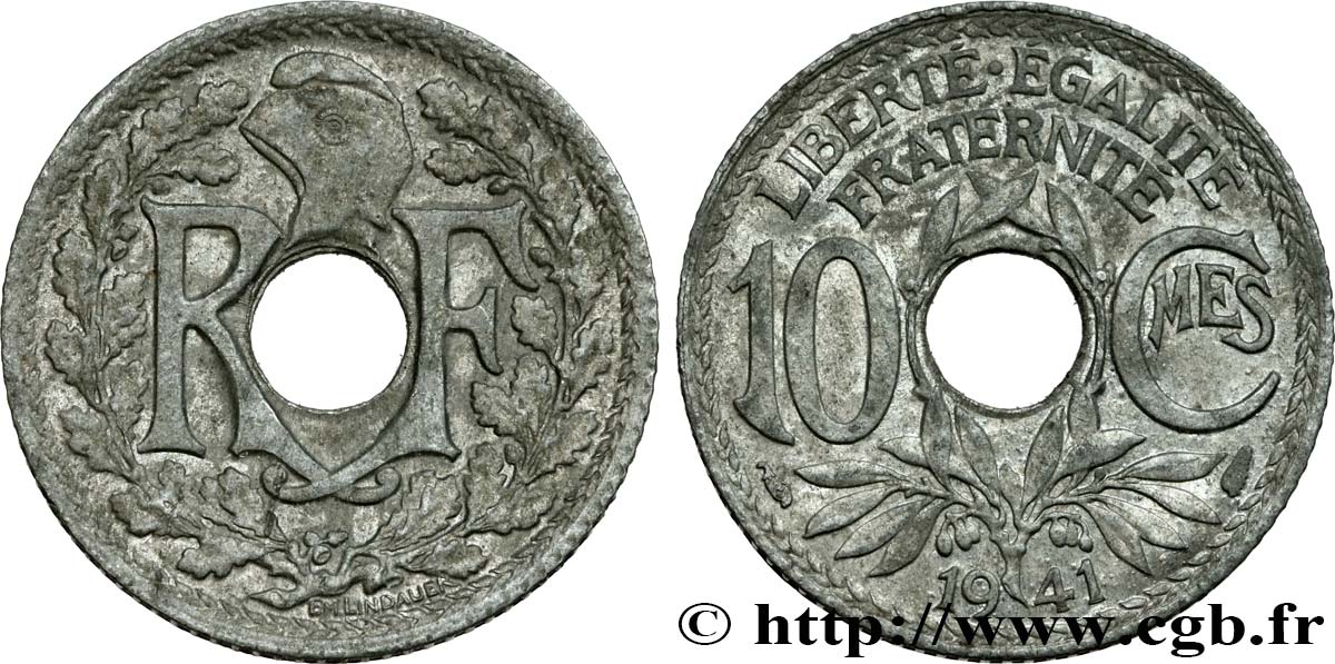 10 centimes Lindauer en zinc, Cmes non souligné et millésime sans points 1941  F.140A/1 AU55 