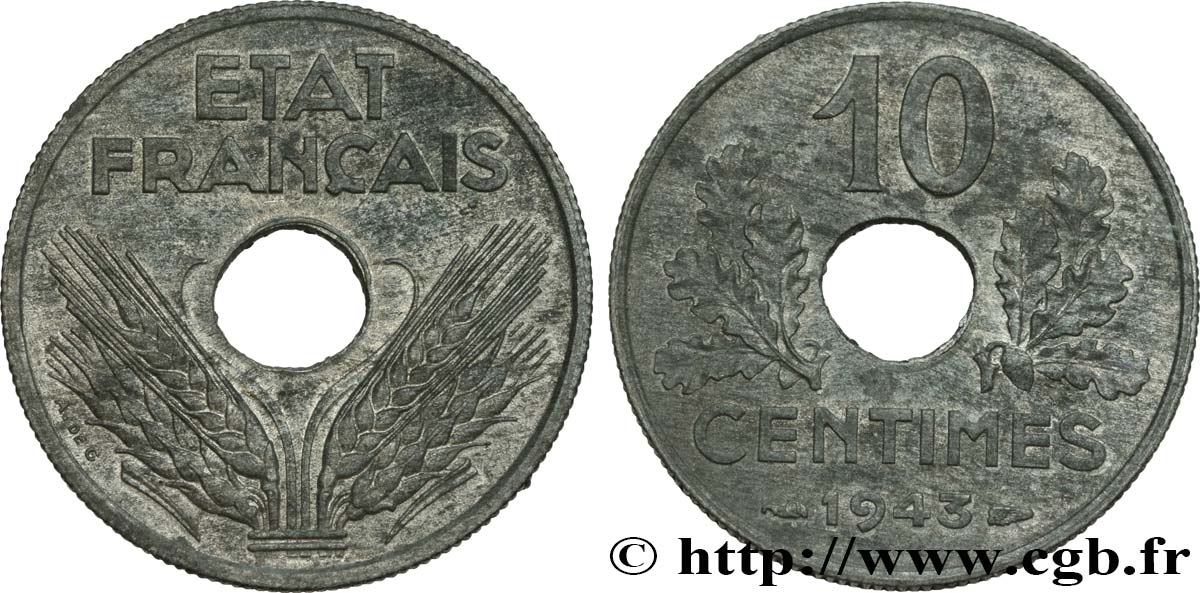 10 centimes État français, grand module 1943  F.141/5 SUP55 