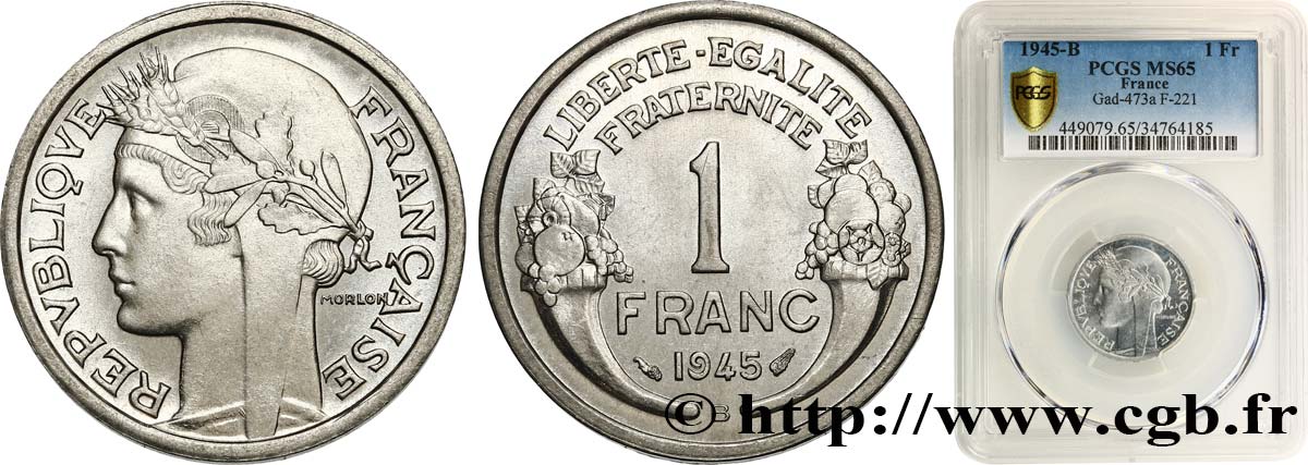 1 franc Morlon, légère 1945 Beaumont-Le-Roger F.221/7 FDC65 PCGS