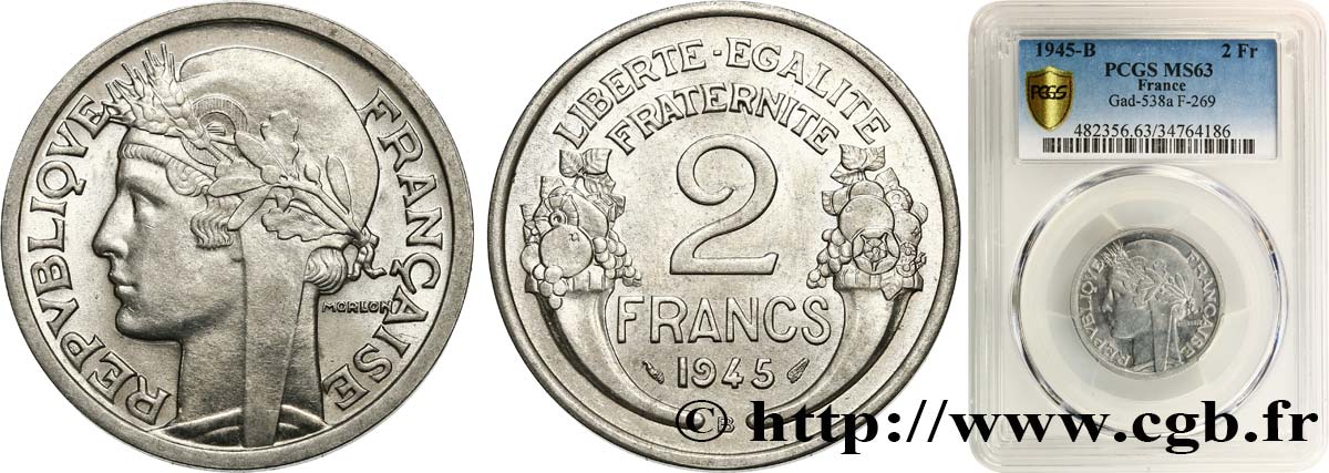 2 francs Morlon, aluminium 1945 Beaumont-Le-Roger F.269/6 SPL63 PCGS