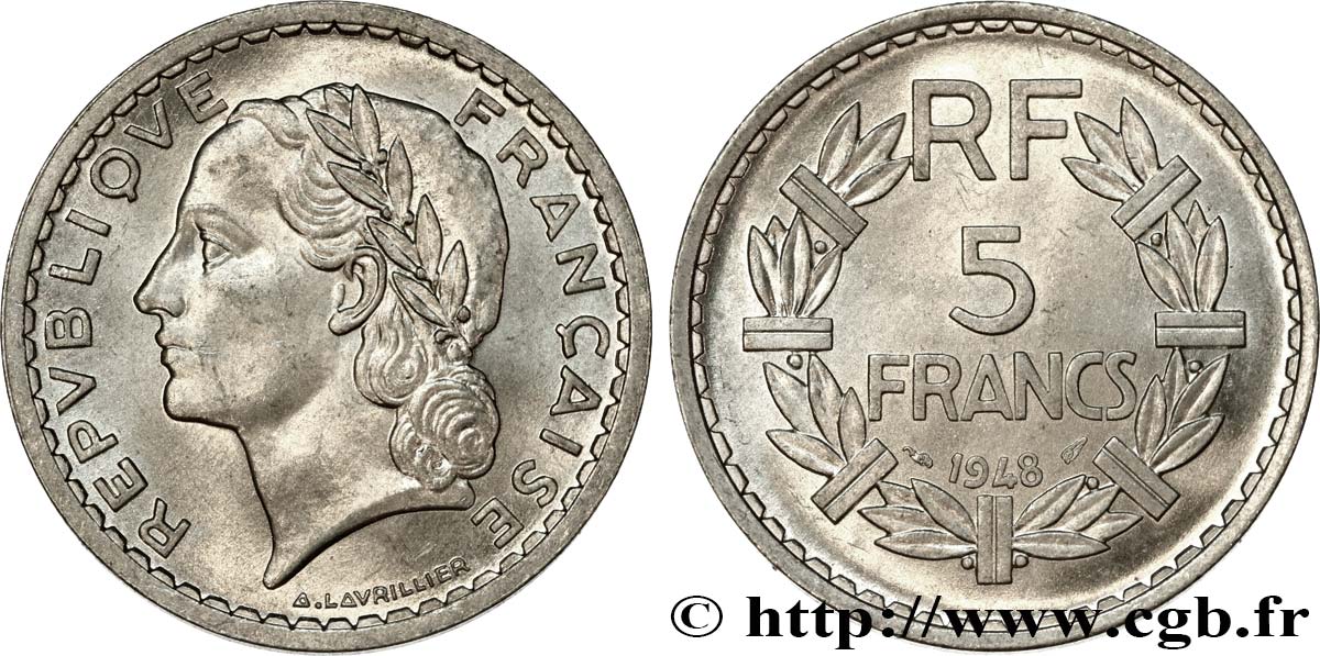 5 francs Lavrillier, aluminium, 9 ouvert 1948  F.339/13 SUP62 