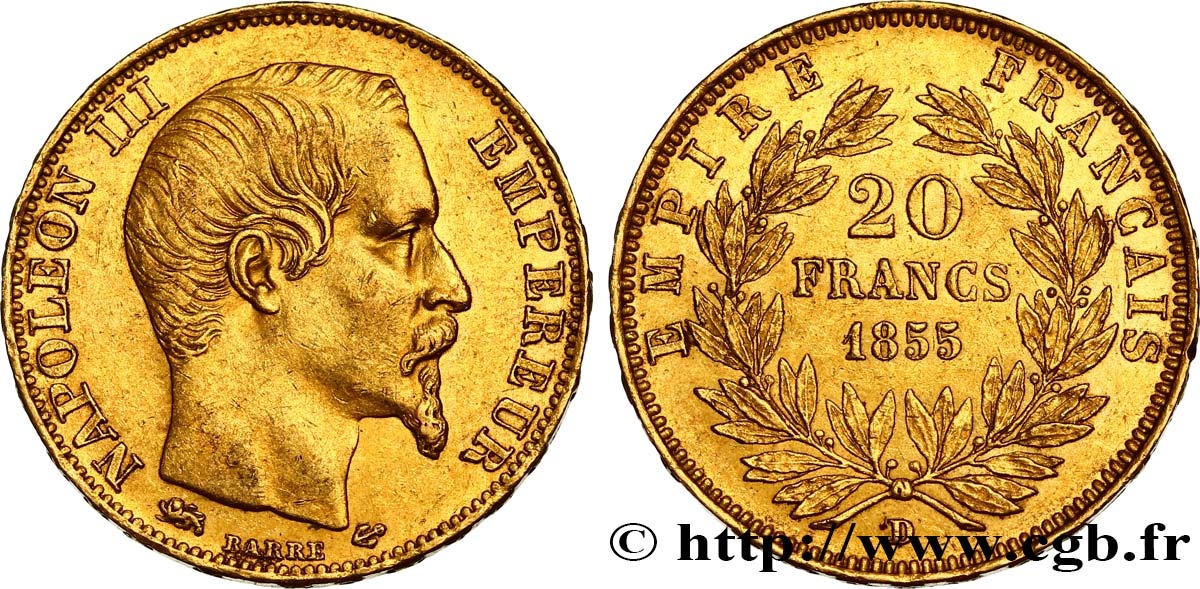 20 francs or Napoléon III, tête nue, Grand Lion 1855 Lyon F.531/8 AU53 