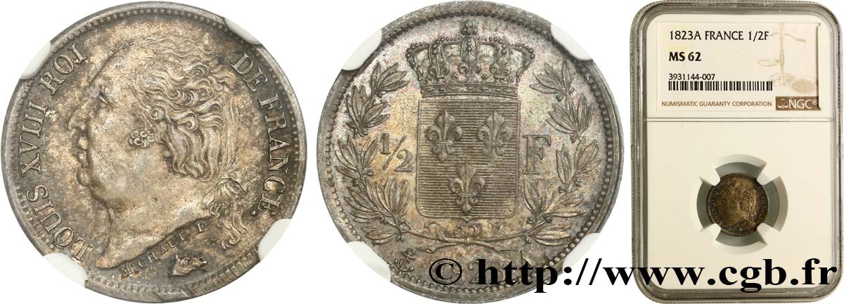 1/2 franc Louis XVIII 1823 Paris F.179/34 MS62 NGC