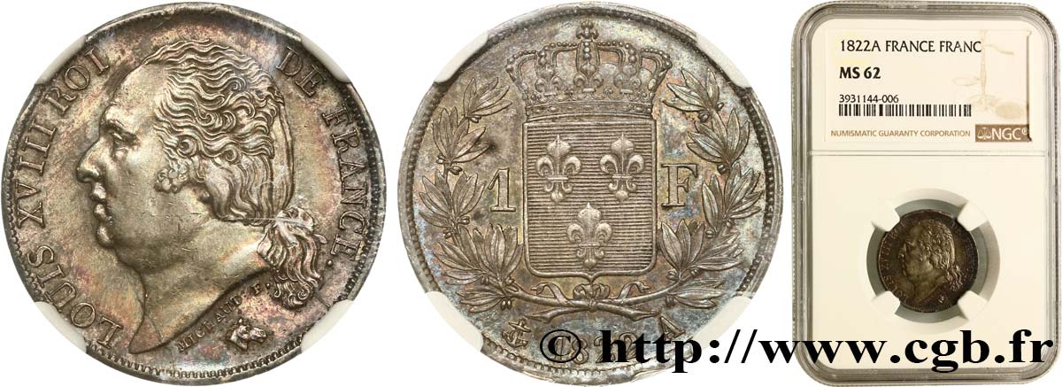1 franc Louis XVIII 1822 Paris F.206/40 VZ62 NGC