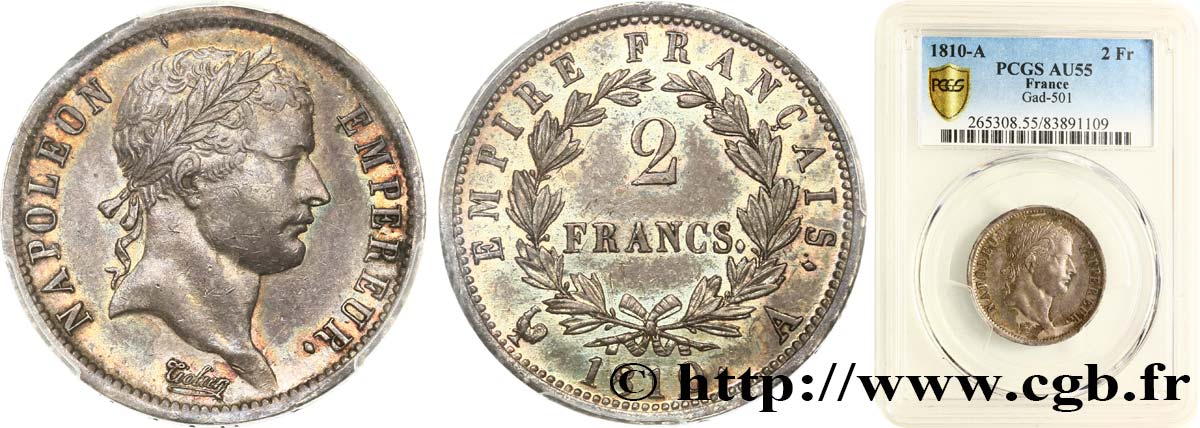 2 francs Napoléon Ier tête laurée, Empire français 1810 Paris F.255/10 AU55 PCGS