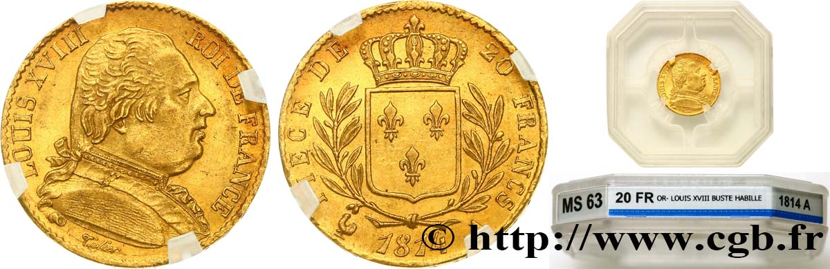 20 francs or Louis XVIII, buste habillé 1814 Paris F.517/2 fST63 GENI