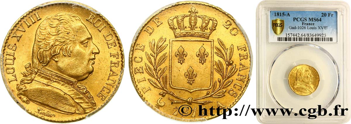 20 francs or Louis XVIII, buste habillé 1815 Paris F.517/10 SPL64 PCGS