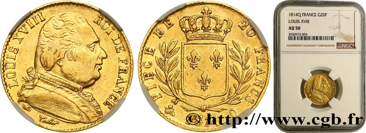 20 francs or Louis XVIII, buste habillé 1814 Perpignan F.517/8 AU50 NGC
