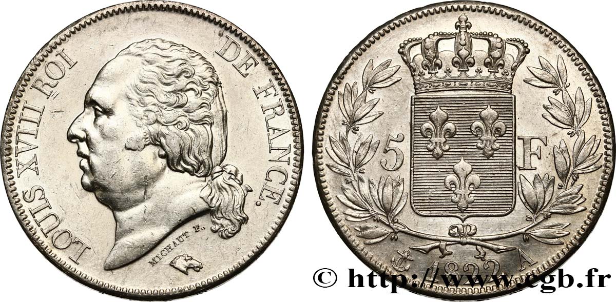 5 francs Louis XVIII, tête nue 1822 Paris F.309/68 BB52 